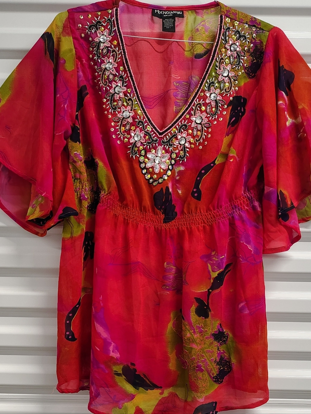 Bold Red Richly Embellished V-Neck Tunic Top Y2K Mix Nouveau Sz L